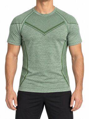 OQQ Men’s Medium Green Seamless Short Sleeve Athletic Performance Shirt, M